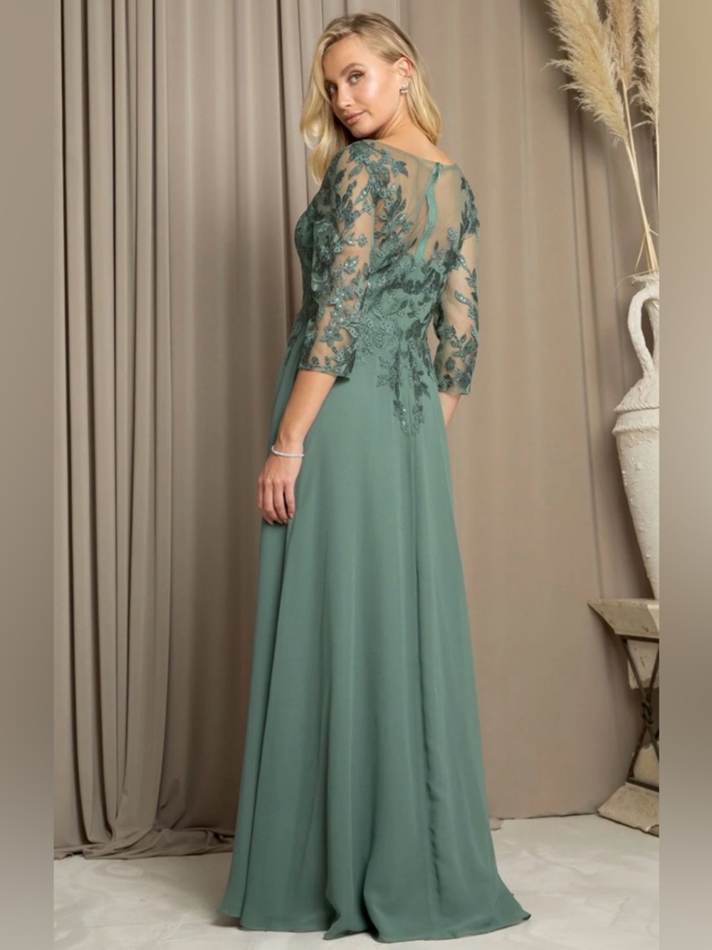 Gown Gallery Floral Embroidered Sage Green Evening Gown - Elegant Long Dress